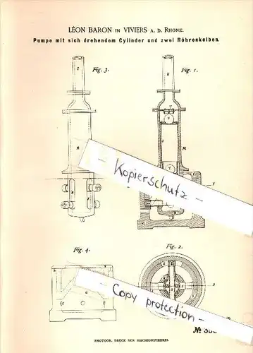 Original Patentschrift -  Léon Baron à Viviers / Ardeche , 1899 , Pompe à cylindres rotatifs !!!