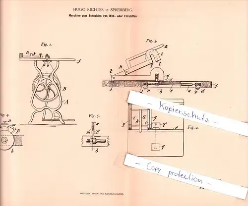 Original Patent  - H. Richter in Spremberg , 1893 , Maschine für Web- oder Filzstoff , Filz !!!