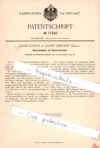 Original Patent  - A. Storck in Gross - Umstadt , Hessen , 1892 , Resonanzboden mit Spannschrauben , Musikalien !!!