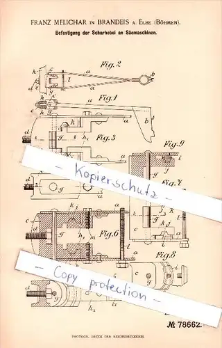 Original Patent  - F. Melichar in Brandeis a. Elbe / Brandys nad Labem , 1894 , Scharhebel an Säemaschinen !!!