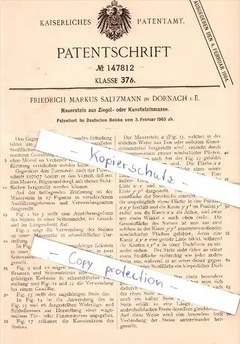 Original Patent  - F. Markus Saltzmann à Dornach i. E. , 1903 , Brique de brique ou de pierre sol !!