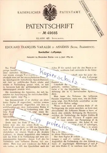 Original Patent - Edouard Francois Varaldi à Asnieres-sur-Seine , 1889 , Mercury - Pompe à air  !!!