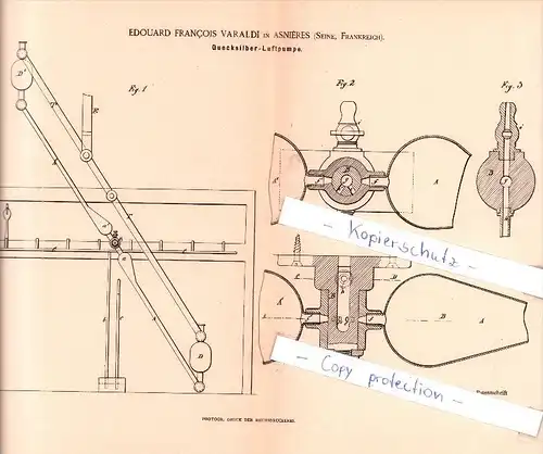 Original Patent - Edouard Francois Varaldi à Asnieres-sur-Seine , 1889 , Mercury - Pompe à air  !!!