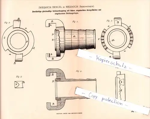 Original Patent  - Friedrich Dengel in Mediasch / Medias , Siebenbürgen , 1891 , Schlauchkupplung !!!