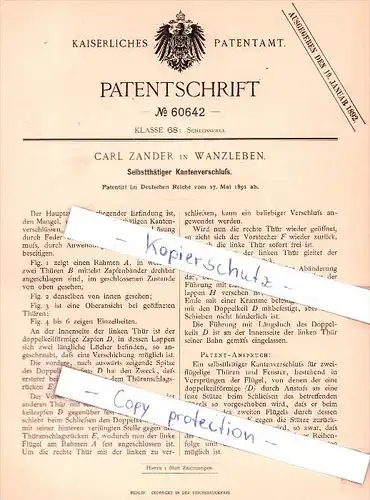 Original Patent  - Carl Zander in Wanzleben , 1891 , Selbstthätiger Kantenverschluß !!!