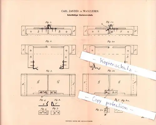 Original Patent  - Carl Zander in Wanzleben , 1891 , Selbstthätiger Kantenverschluß !!!