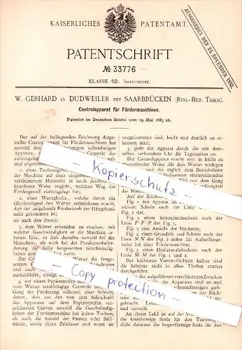 Original Patent  - W. Gerhard in Dudweiler bei Saarbrücken , Reg.-Bez. Trier , 1885 ,  !!!