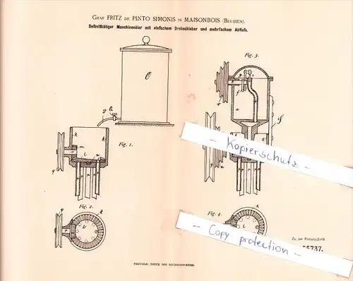 Original Patent  - Graf Fritz de Pinto Simonis in Maisonbois , 1890 , Maschinenöler , maison en bois !!