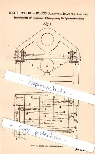 Original Patent  - J. Wood in Boggs , Allerton , Bradford , England , 1886 , spinning machine !!!