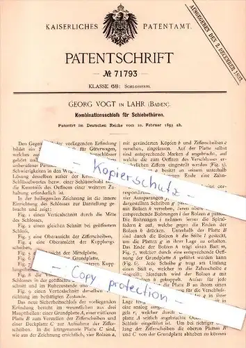 Original Patent  - Georg Vogt in Lahr , Baden , 1893 , Kombinationsschloß für Schiebethüren , Schwarzwald  !!!