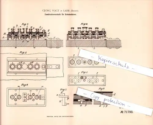 Original Patent  - Georg Vogt in Lahr , Baden , 1893 , Kombinationsschloß für Schiebethüren , Schwarzwald  !!!