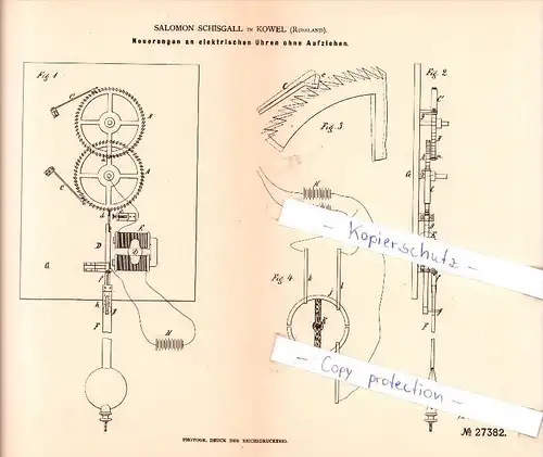 Original Patent  - S. Schisgall in Kowel , Russland , 1883 , elektrische Uhren ohne Aufziehen !!!