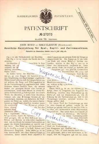 Original Patent - J. Boyd in Shettleston , Scotland , 1883 , Apparatus for twisting machine !!!