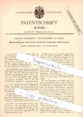 Original Patent  - G. Thommen in Waldenburg bei Basel , 1883 , Werkzeug  für Uhrmacher , Uhren !!!