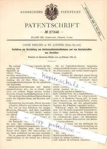 Original Patent  - L. Freund à Sankt Ludwig / Saint-Louis  , 1883 , Représentation de l'acide , chimie !!!