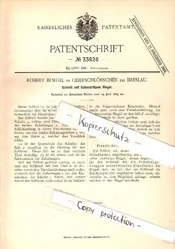 Original Patent - Robert Boegel in Oberschlößchen b. Breslau , 1885 , Schloß mit hakenartigem Riegel , Schlesien !!!