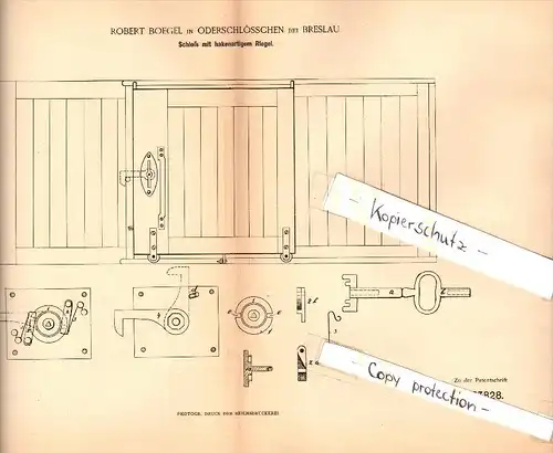 Original Patent - Robert Boegel in Oberschlößchen b. Breslau , 1885 , Schloß mit hakenartigem Riegel , Schlesien !!!