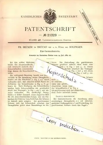 Original Patent - Fr. Becker in Brücke bei a.d. Höhe bei Solingen , 1882 , Gartenscheere , Schere !!!
