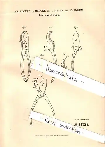 Original Patent - Fr. Becker in Brücke bei a.d. Höhe bei Solingen , 1882 , Gartenscheere , Schere !!!