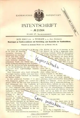 Original Patent - Rud. Rikli in Wangen a.d. Aare , 1882 , Vorrichtung zum Bearbeiten von Ventilsitzen , Maschinenbau !!!