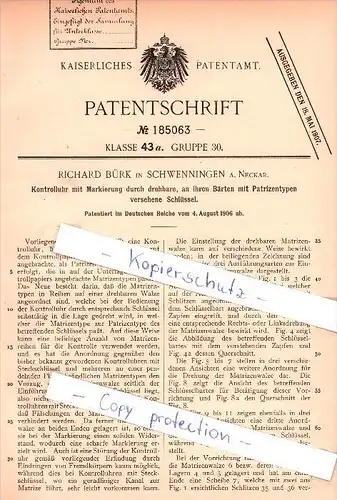 Original Patent   - Richard Bürk in Schwenningen a. Neckar , 1906 , Kontrolluhr mit Markierung !!!