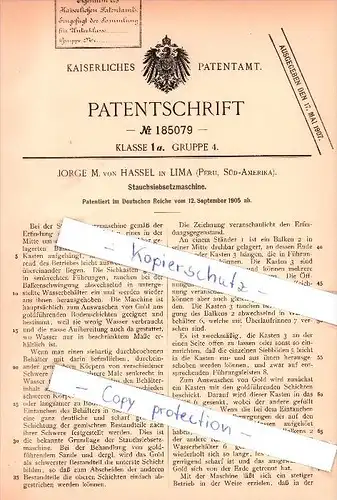 Original Patent   - Jorge M. von Hassel in Lima , Peru , Süd-Amerika , 1905 , Stauchsiebsetzmaschine !!!