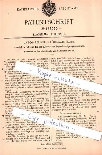 Original Patent   - Jakob Felber in Lörrach , Baden , 1905 , Teppichreinigungsmaschinen !!!