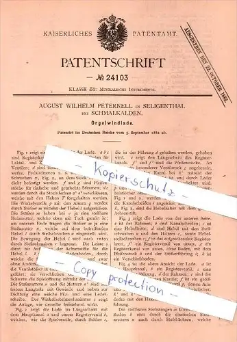 Original Patent   - A. W. Peternell in Seligenthal bei Schmalkalden , 1882 , Orgelwindlade , Orgel , Kirche !!!