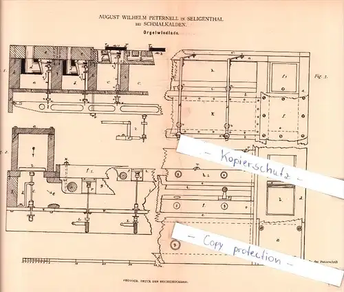 Original Patent   - A. W. Peternell in Seligenthal bei Schmalkalden , 1882 , Orgelwindlade , Orgel , Kirche !!!