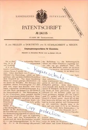 Original Patent   - A. zur Hellen in Dortmund und H. Stahlschmidt in Siegen , 1883 , Eisenerzeugung !!!