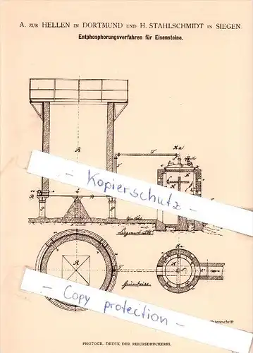 Original Patent   - A. zur Hellen in Dortmund und H. Stahlschmidt in Siegen , 1883 , Eisenerzeugung !!!