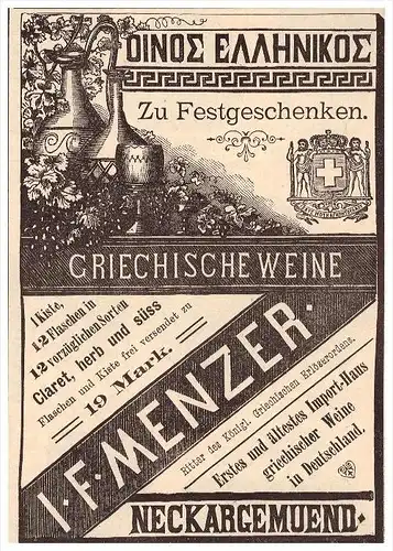 original Werbung - 1888 - Griechische Weine , J.F. Menzer in Neckargemünd , Tafelwein , Wein ,Mosel !!!