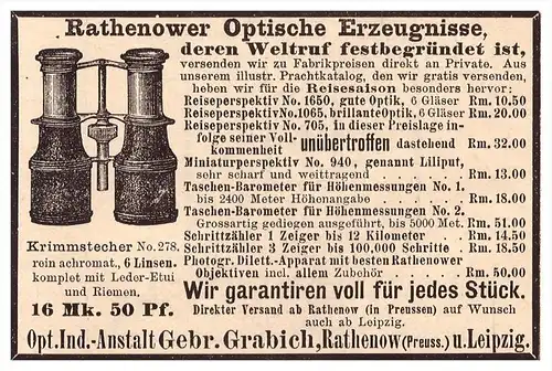 original Werbung - 1888 - Gebr. Grabich in Rathenow und Leipzig , Fernglas , Optik , Fernstecher !!