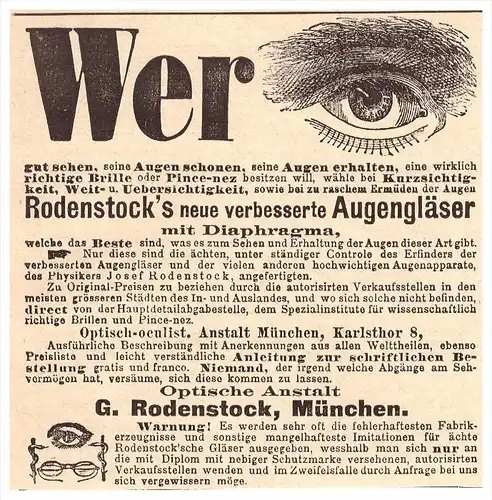 original Werbung - 1888 - Rodenstock Augengläser mit Diaphragma , Optische Anstalt , Brillen , Optiker !!!