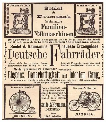 original Werbung - 1888 - Deutsche Fahrräder , Seidel & Naumann in Dresden , Saxonia ,Fahrrad , bicycle !!!