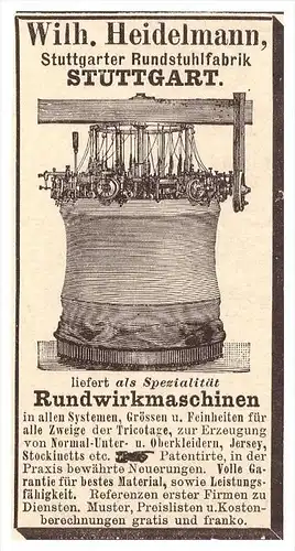 original Werbung - 1888 - W. Heidelmann in Stuttgart , Rundstuhlfabrik !!!