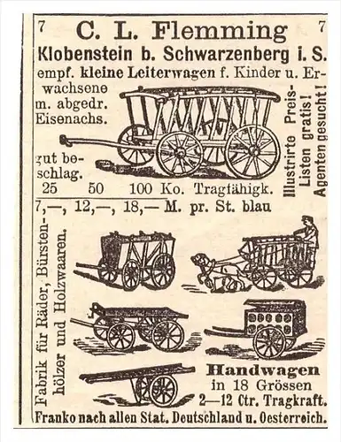 original Werbung - 1888 - C.L. Flemming in Klobenstein b. Schwarzenberg i.S. , Leiterwagen , Kutschen  !!!