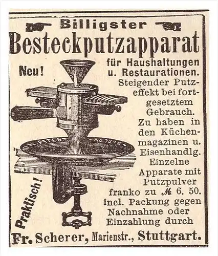 original Werbung - 1888 - Besteck-Putzapparat , F. Scherer in Stuttgart !!!