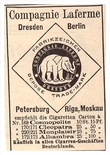 original Werbung - 1888 - Cigarren , St. Petersburg , Riga , Moskau , Compagnie Laferme , Russland !!!