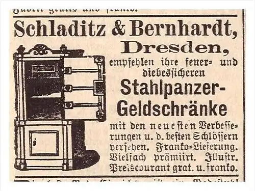 original Werbung - 1888 - Panzerschrank , Tresor , Schladitz & Bernhardt in Dresden !!!