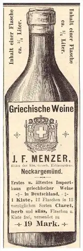 original Werbung - 1888 - Griechischer Wein , J.F. Menzer in Neckargemünd , Wein , Patras !!!