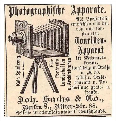 original Werbung - 1888 - Photographische Apparate , Platten , Joh. Sachs & Co in Berlin , Photographie , Kamera !!!