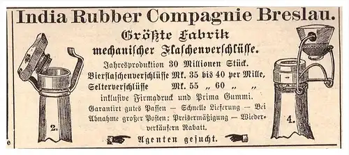 original Werbung - 1888 - India Rubber Compagnie in Breslau , Flaschenverschlüsse !!!