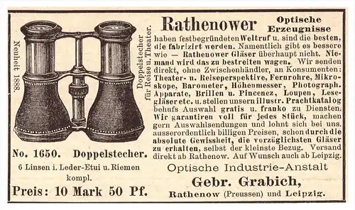 original Werbung - 1888 -  Gebr. Grabich in Rathenow und Leipzig , Fernglas , Optik , Fernstecher !!