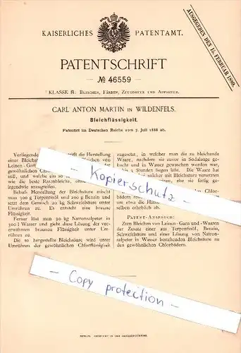 Original Patent  - Carl Anton Martin in Wildenfels b. Zwickau , 1888 , Bleichflüssigkeit !!!