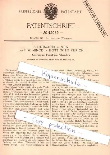 Original Patent  -  F. Tentschert in Wien und F. W. Minck in Hottingen - Zürich , 1887 , Sattlerei !!!