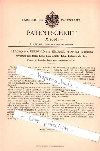 Original Patent  - H. Lagro in Greifswald und S. Manasse in Berlin , 1893 , Tragen heißer Teller , Mecklenburg !!!