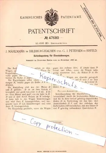 Original Patent  - J. Mählmann in Hildburghausen und G. J. Petersen in Eisfeld , 1888 , !!!