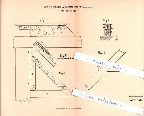 Original Patent  - Joseph Sebald in Dietenheim , Würtemberg , 1891 , Wasserwaage !!!