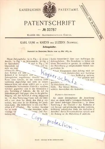 Original Patent  - Karl Ulmi in Kriens bei Luzern , Schweiz , 1885 , Zeitungshalter !!!